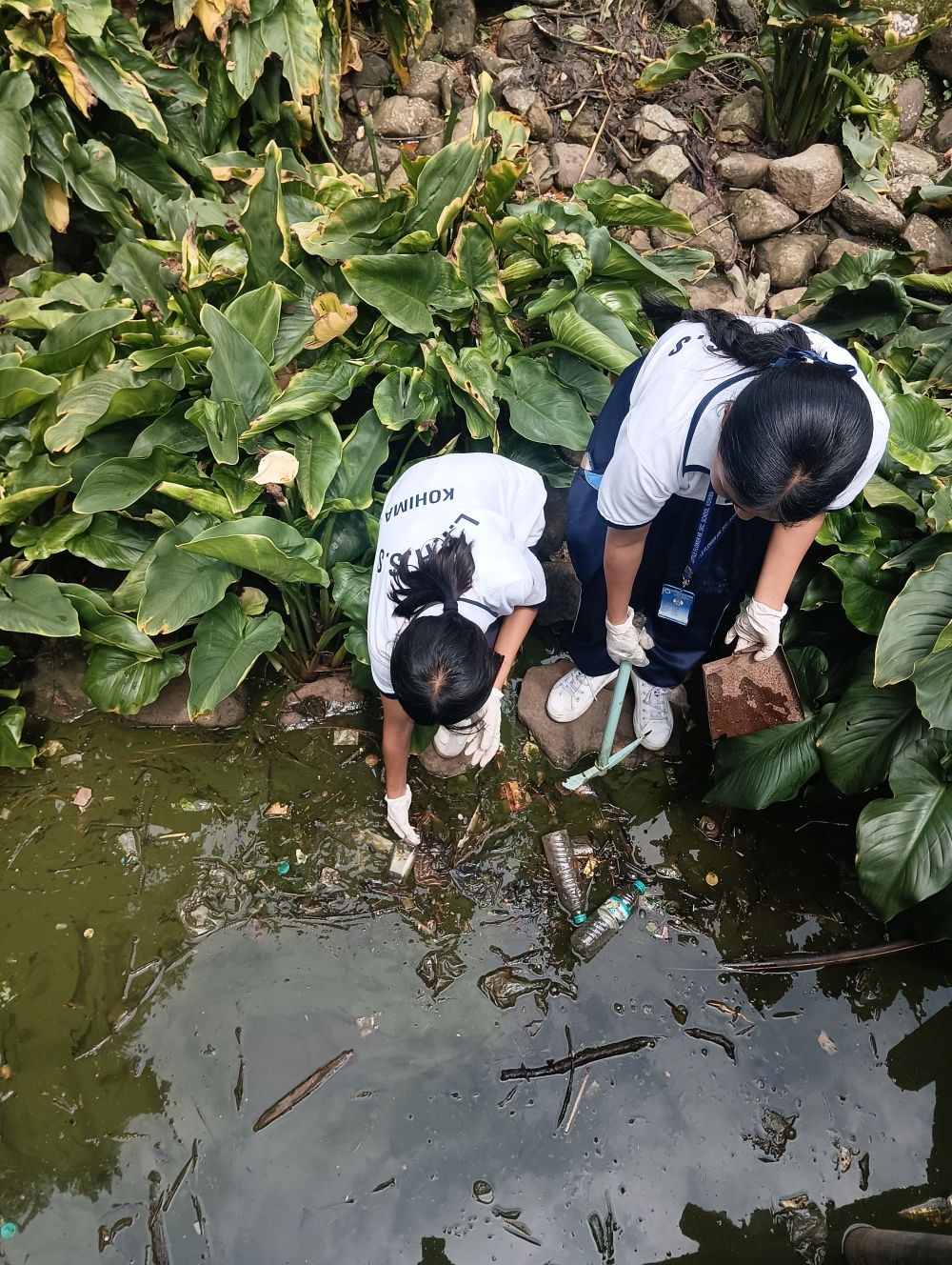 Two students of Little Flower Hr Sec School, Kohima take part in the cleanliness drive on June 1.